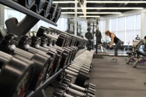 Large wall mirrors in a well-equipped home gym